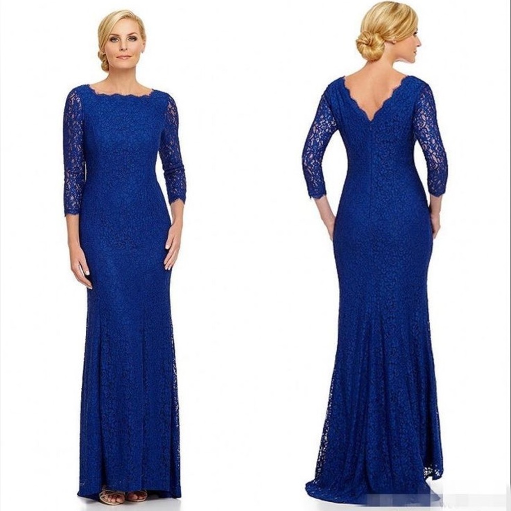 Adrianna Papell Blue Lace‎ Long Sleeve Evening Dress Scalloped Mother of Bride 6